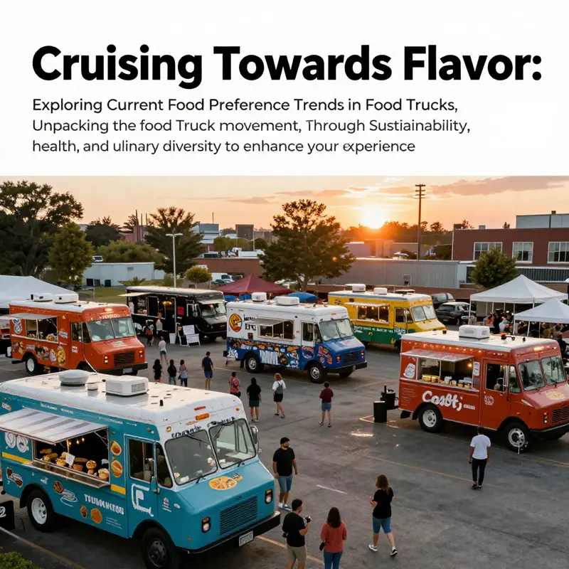 A vibrant food truck scene displaying a variety of food trucks against a sunset backdrop, representing culinary diversity.