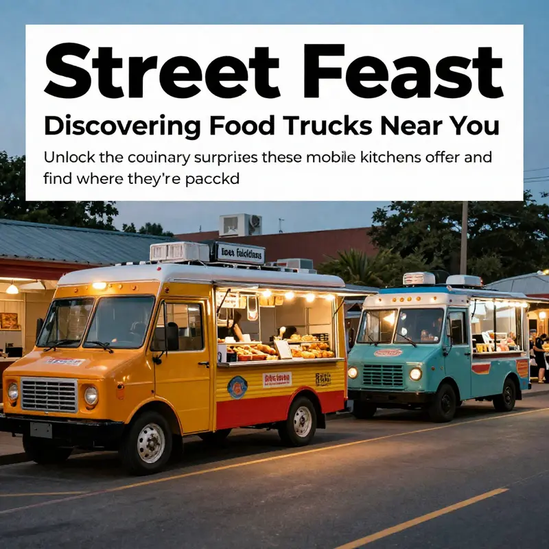 A panoramic view of food trucks parked along a lively street during sunset.