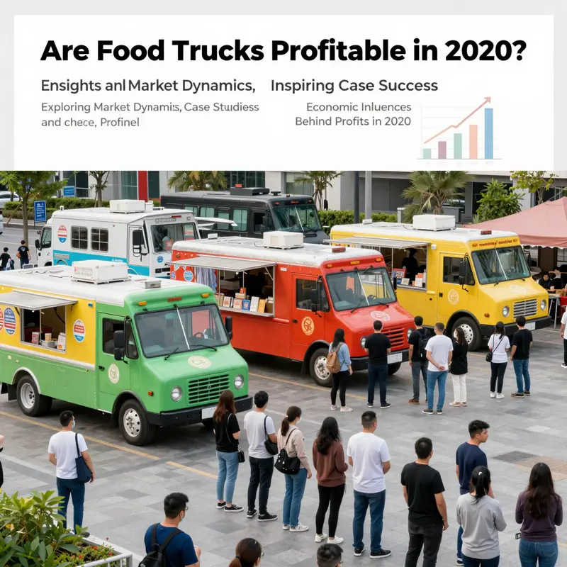 Photo-realistic image of multiple food trucks serving masked customers in a city plaza with charts showing 2020 market growth.