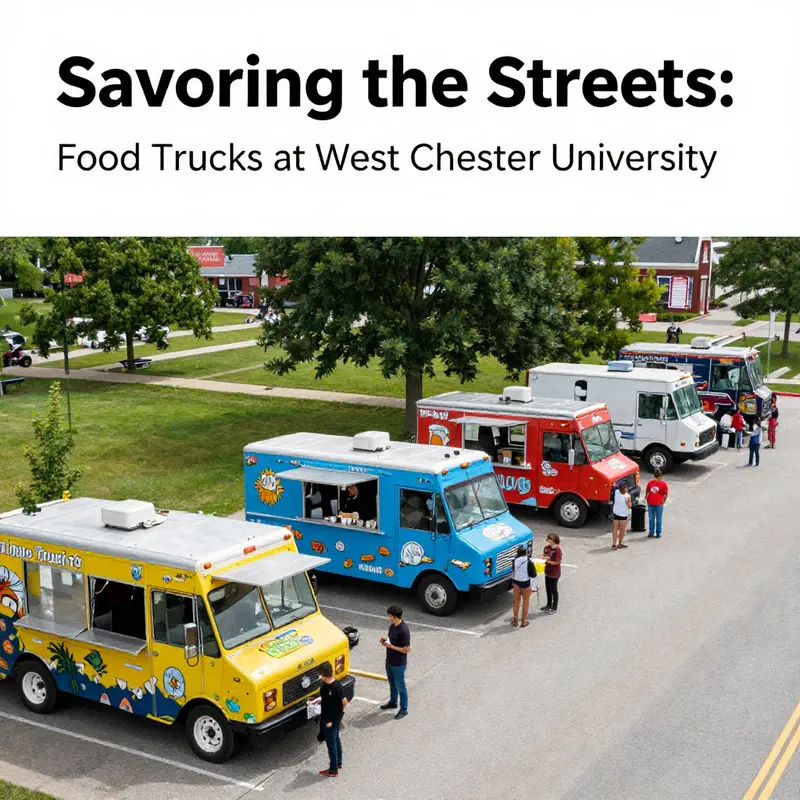 A panoramic view showcasing several food trucks on the West Chester University campus with students dining and socializing.