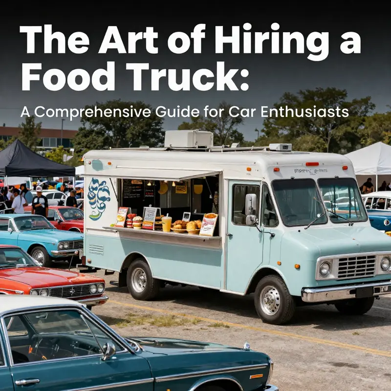 A food truck serving delicious meals at a bustling car show with classic vehicles.