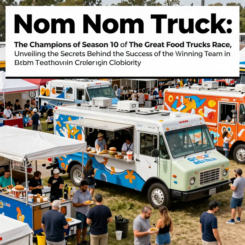 The Nom Nom Truck at a bustling food truck festival with a cheerful atmosphere and diverse crowd enjoying the culinary experience.