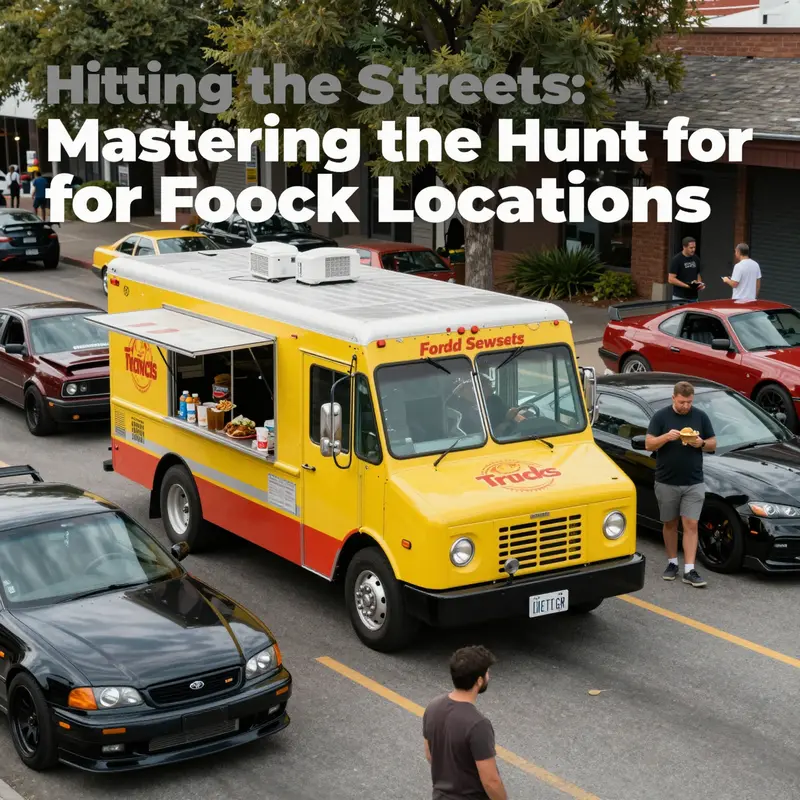 A dynamic street with a food truck and a variety of modified cars, filled with people enjoying street food.