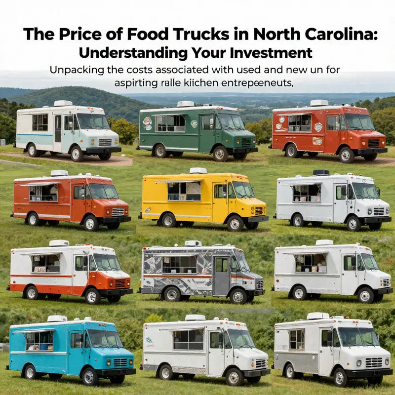 A collage of food trucks parked in different locations across North Carolina, showcasing their unique designs and culinary diversity.