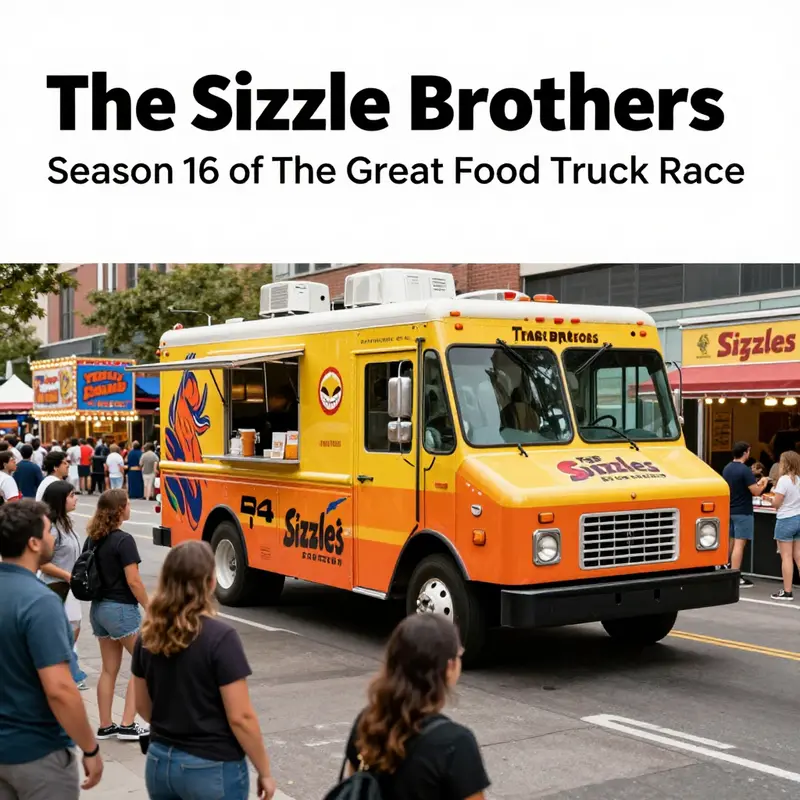 A food truck owned by The Sizzle Brothers standing out in a busy street with customers lining up.