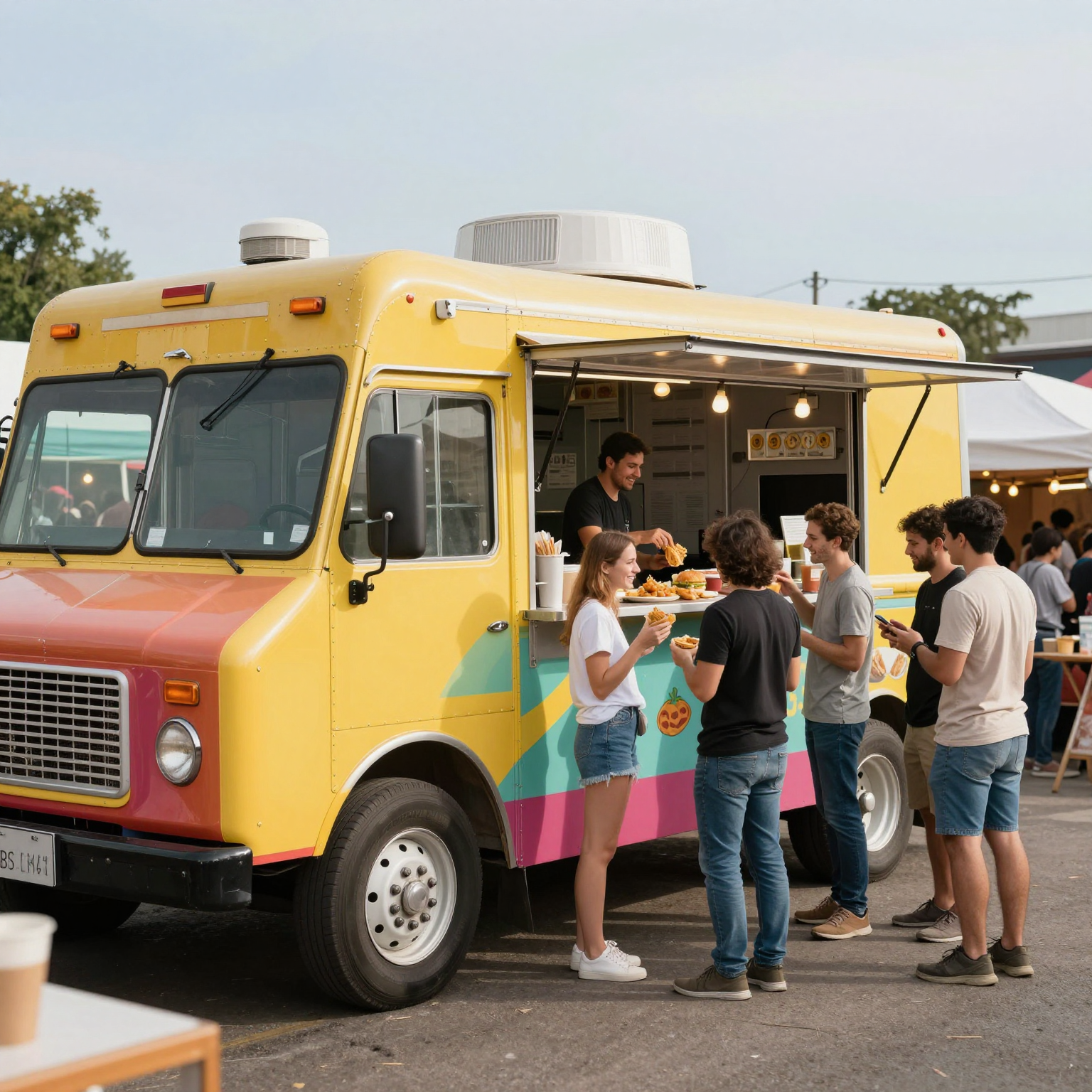A vibrant food truck in a bustling market atmosphere, showcasing the lively food truck culture.
