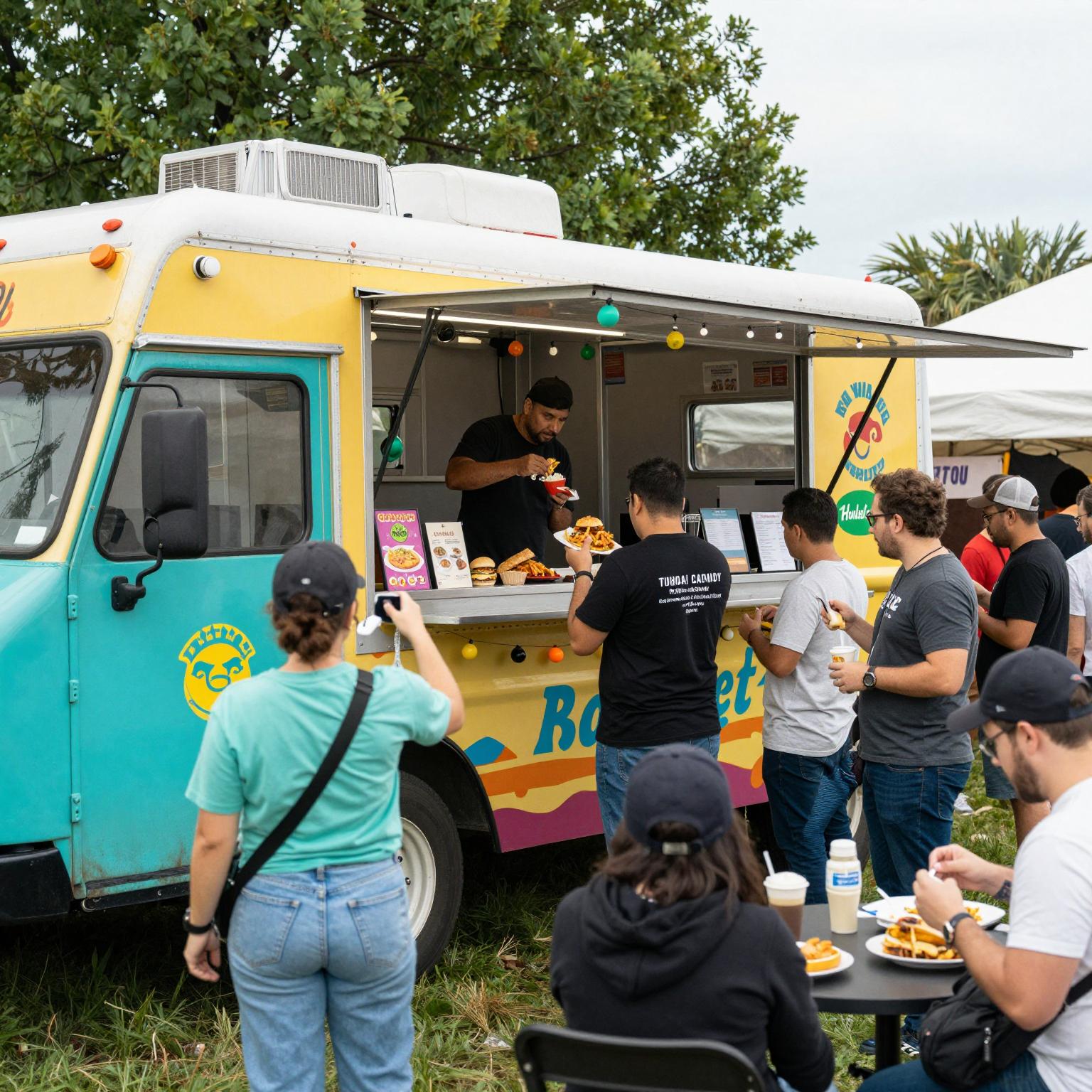 A bustling food truck at a festival serving customers, capturing the essence of food truck culture and community.