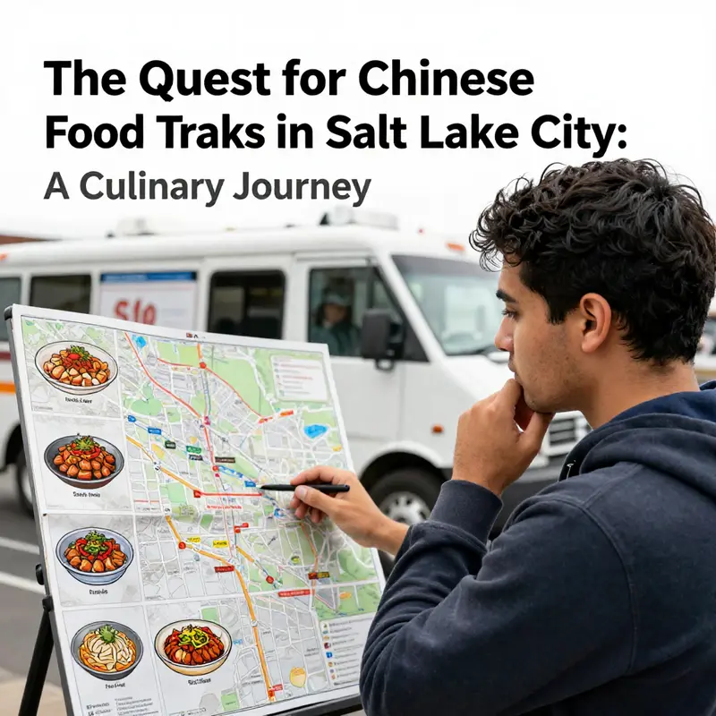 A vibrant scene of food trucks in SLC, highlighting the absence of Chinese food offerings.