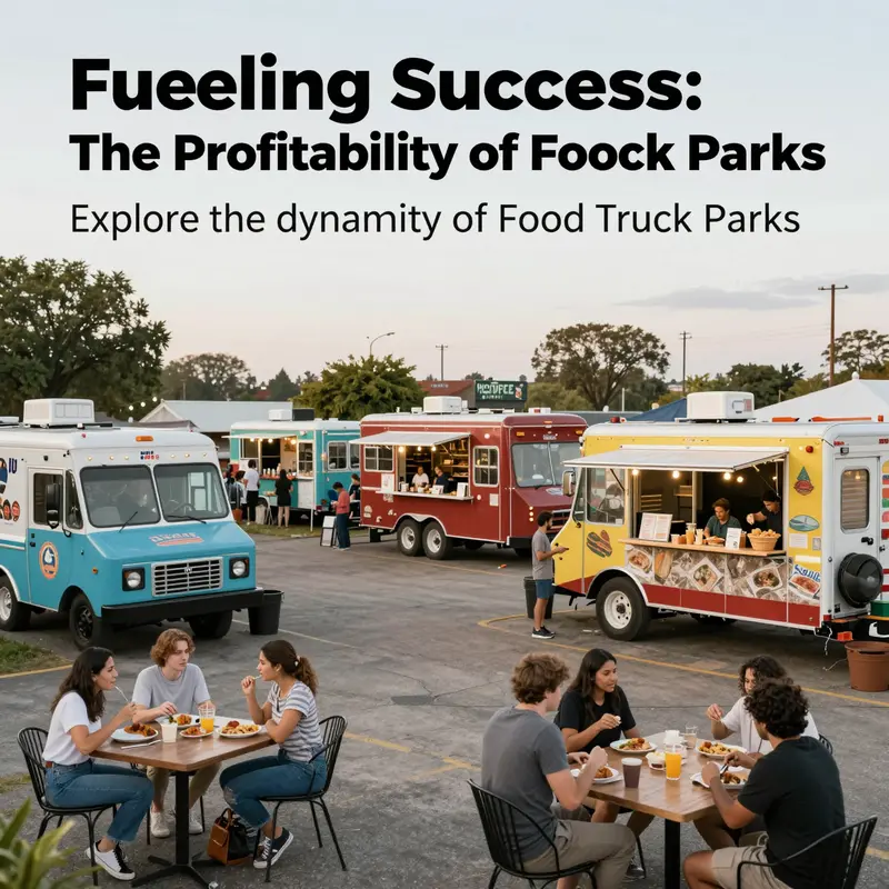 A bustling scene at a food truck park filled with people enjoying diverse culinary offerings in a community setting.