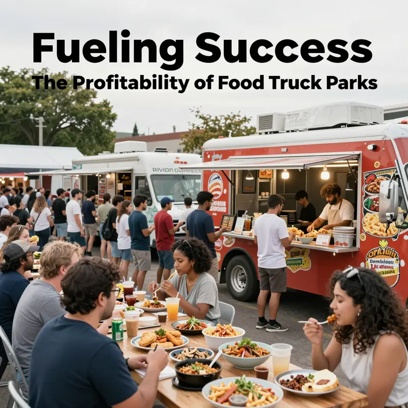 A busy food truck park strategically located in a high-traffic urban area, illustrating the importance of location in profitability.