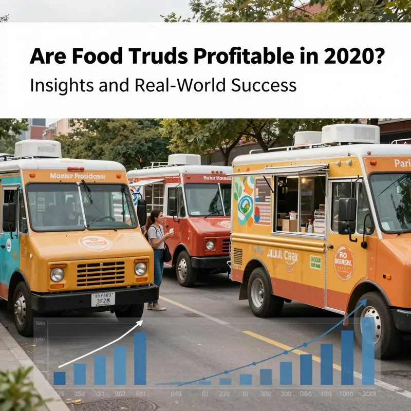 Food trucks in a busy city setting with graphical overlays showcasing market growth and profitability data from 2020.