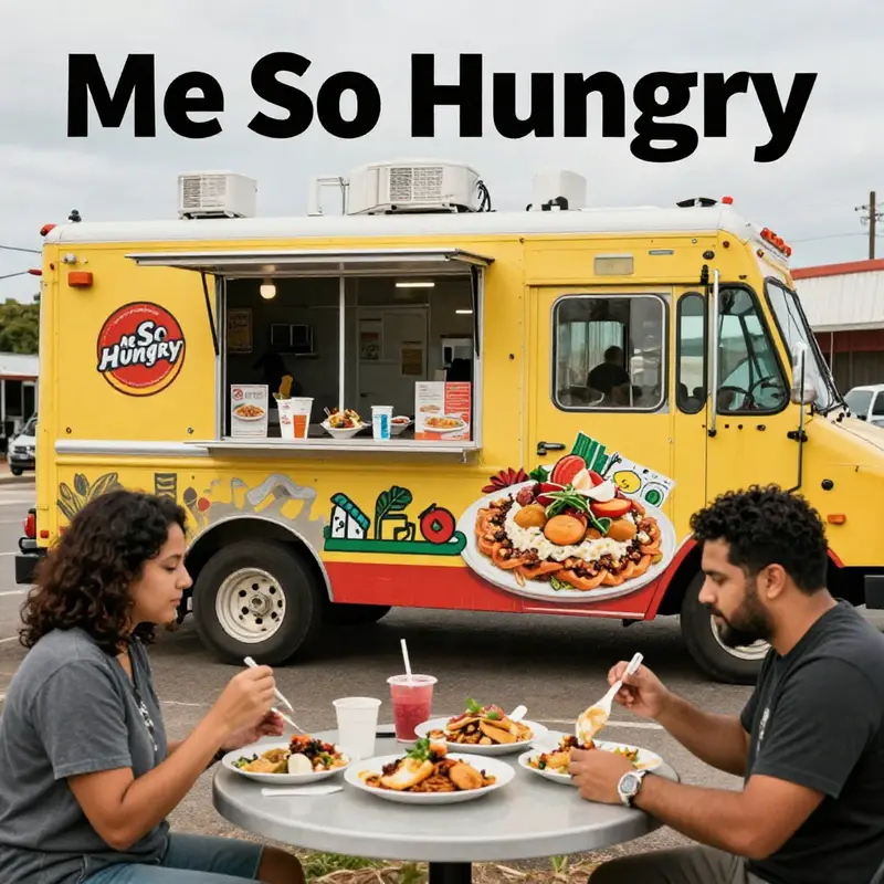 Me So Hungry food truck serving satisfied customers in a lively outdoor setting.