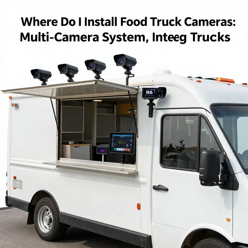 Front-mounted camera on a food truck for optimal forward visibility.