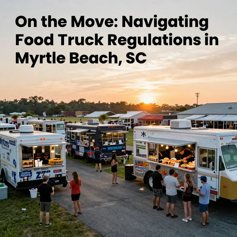 Panoramic view of a busy food truck event in Myrtle Beach with diverse food offerings and joyful diners.