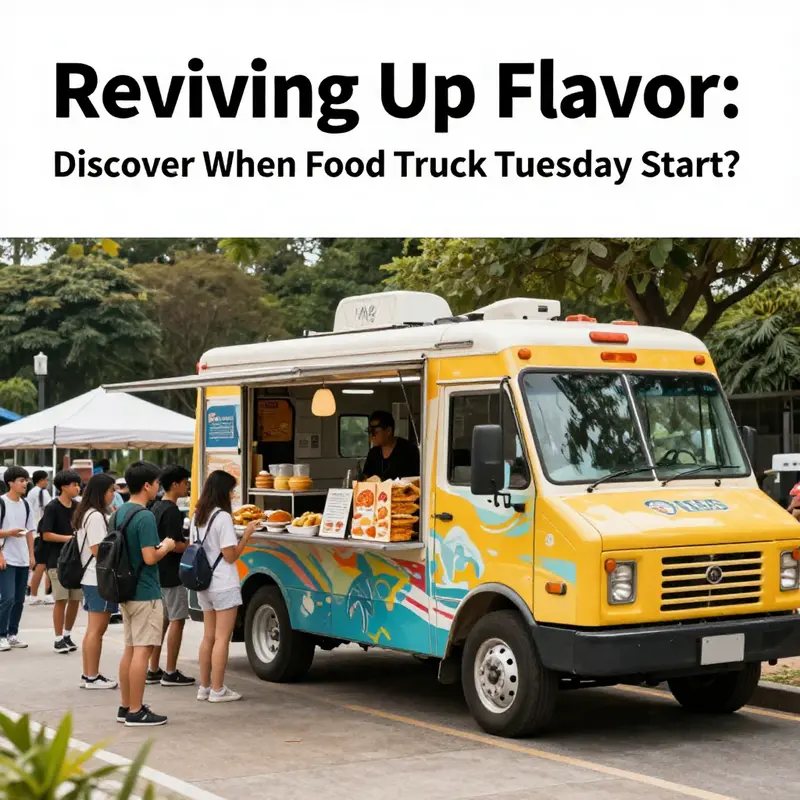 Food Truck Tuesday kicking off at 11 AM with eager students lining up for various culinary delights.
