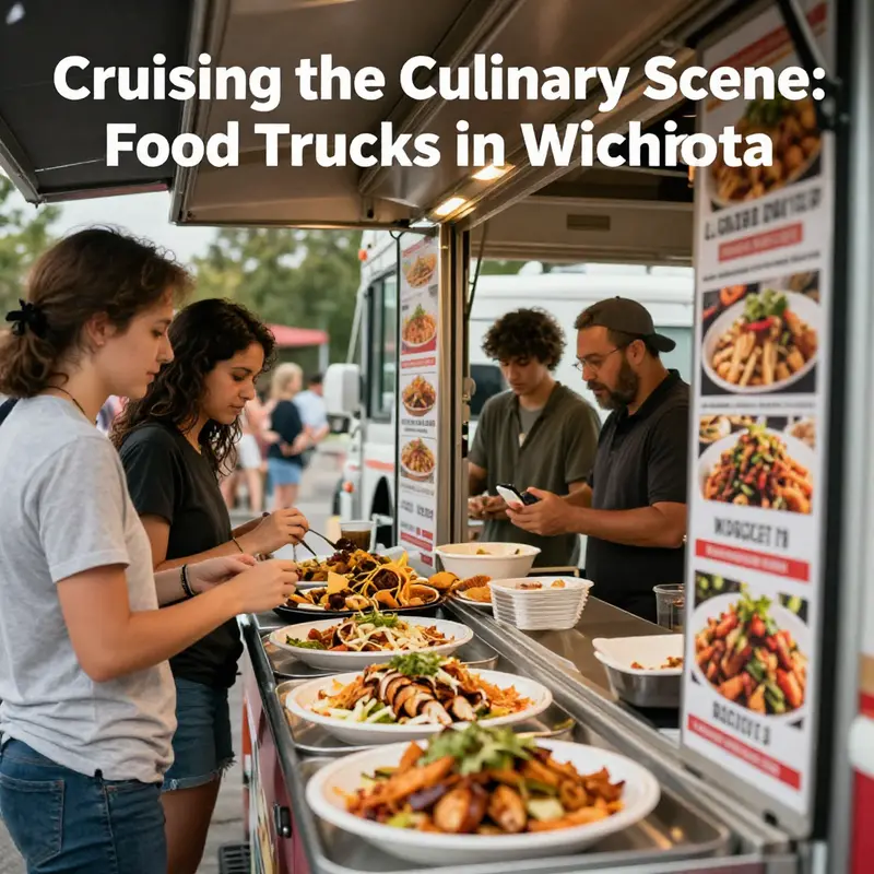 A lively view of downtown Wichita, highlighting popular food trucks congregating during lunch hours.