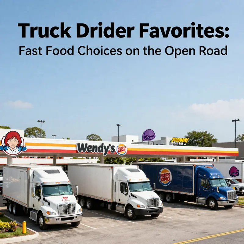 A bustling truck stop highlights popular fast food chains frequented by truck drivers.