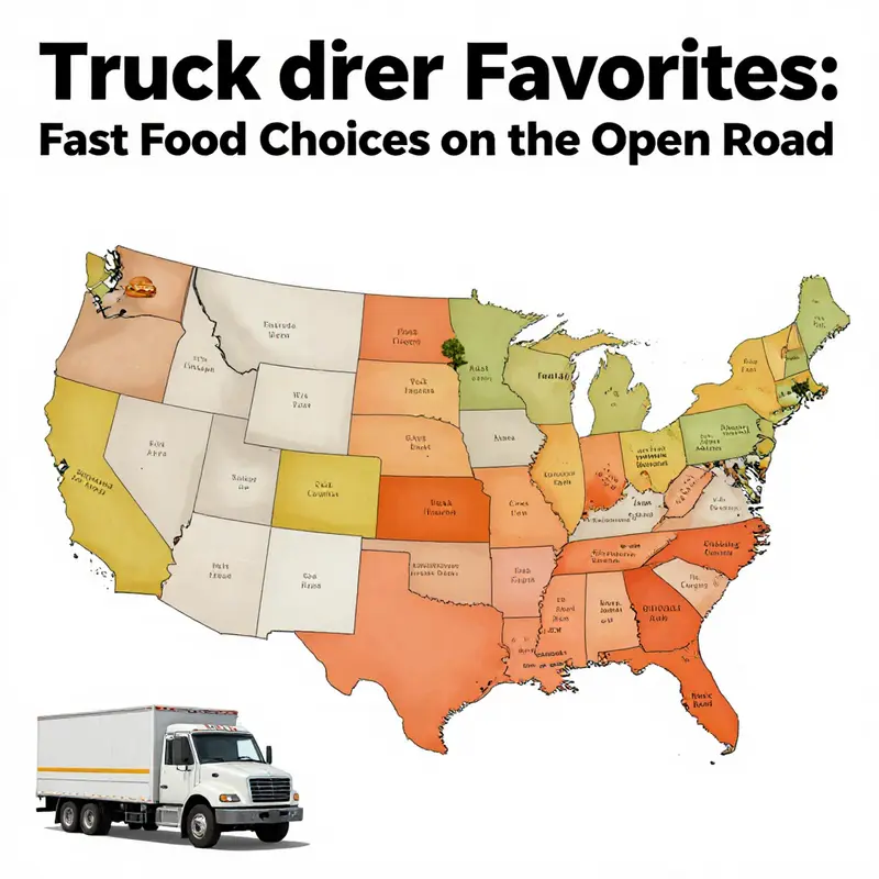 A bustling truck stop highlights popular fast food chains frequented by truck drivers.