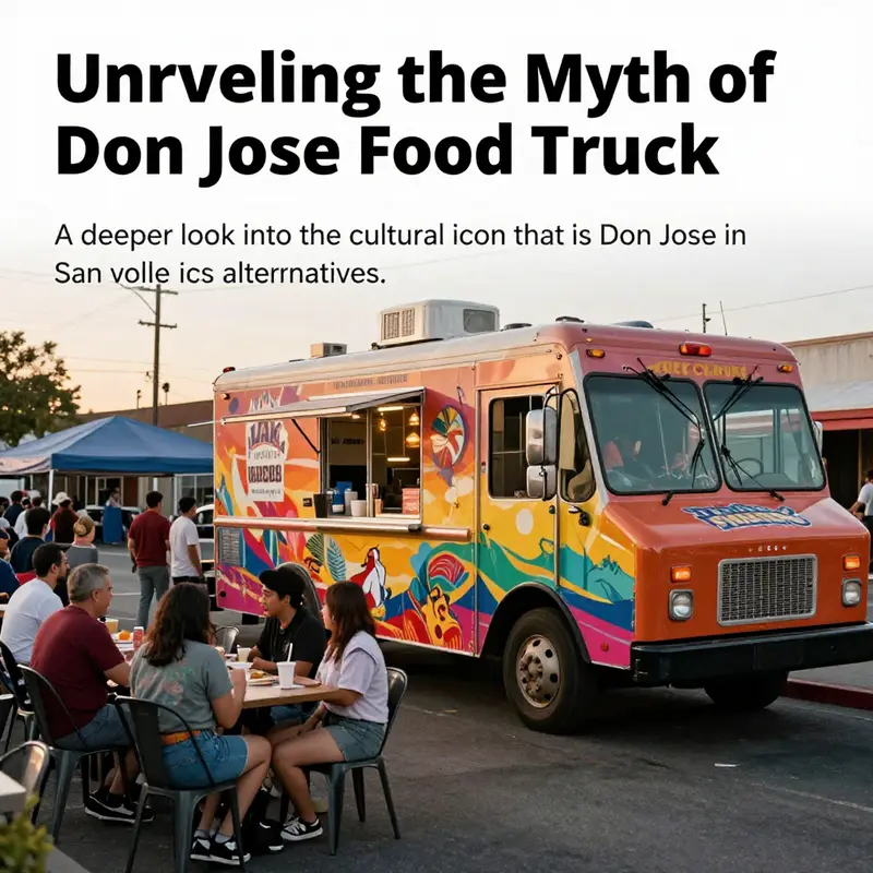 A serene sunset over busy food trucks, filled with diners enjoying diverse culinary offerings in a festive atmosphere.