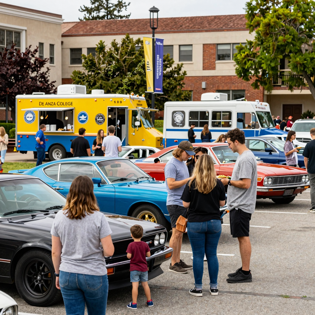 Community gathering at De Anza College with food trucks and classic cars