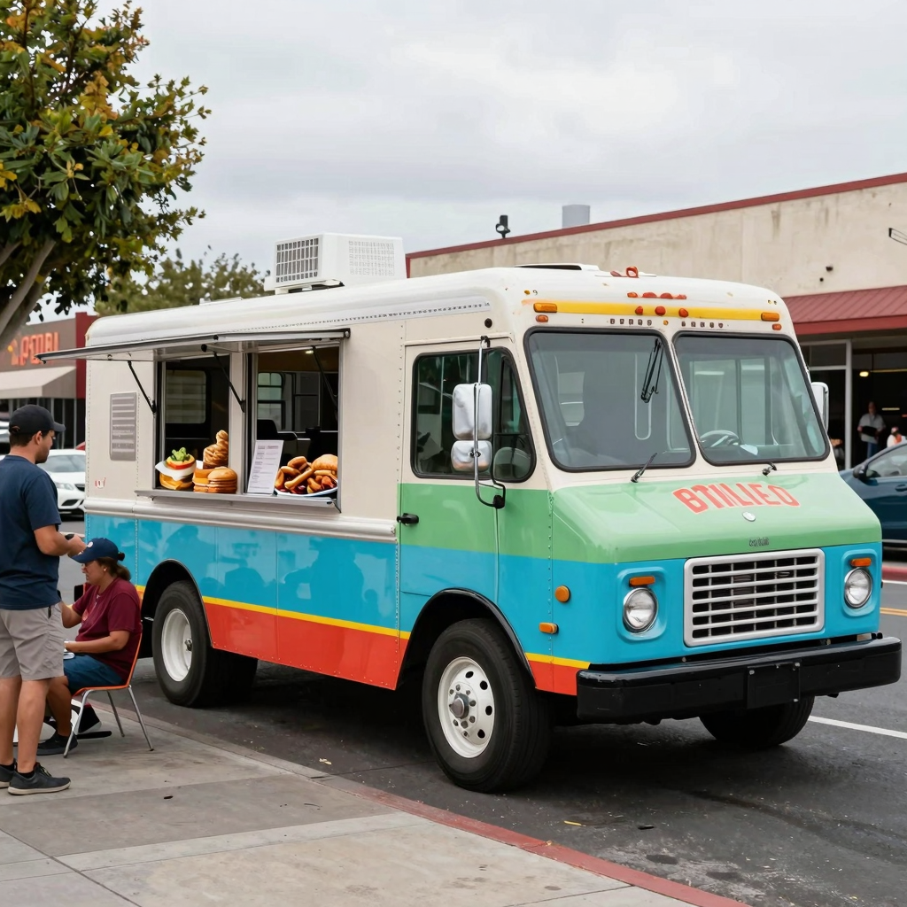 A vibrant and stylish food truck parked in a lively Sacramento street