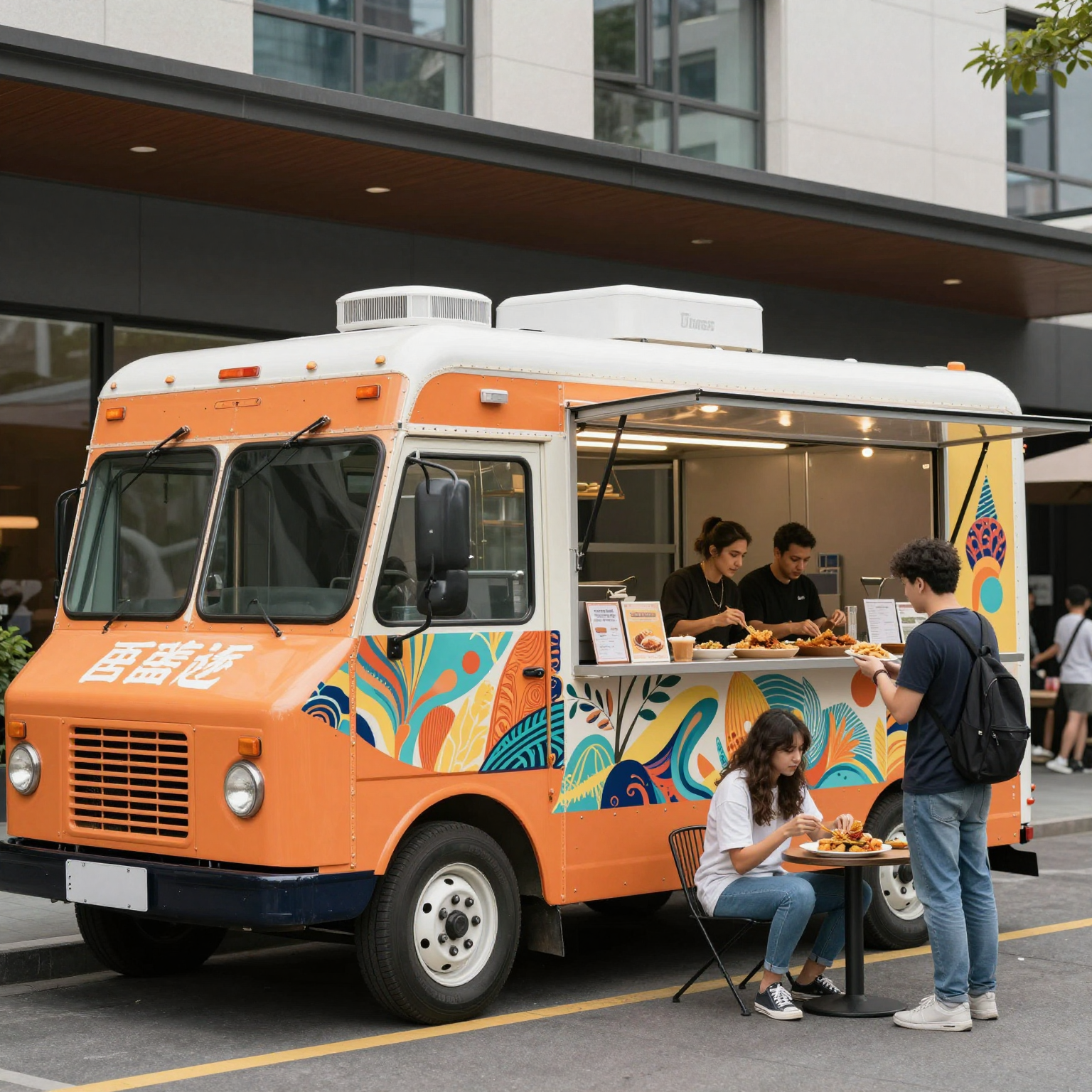 A vibrant food truck featuring a modern design and eye-catching branding