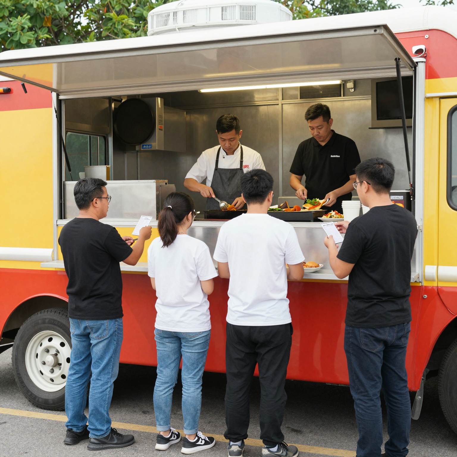 A vibrant food truck scene showing various team members performing their roles.