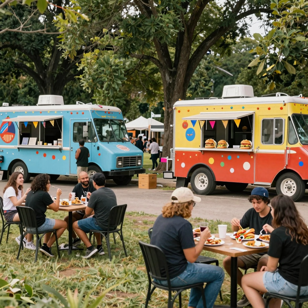 Vibrant food truck scene in a park