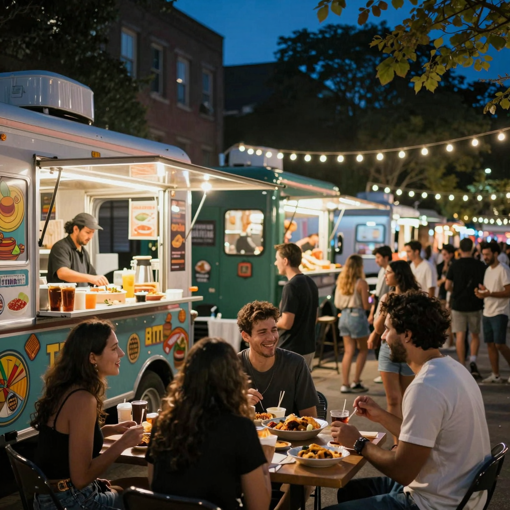 Urban food truck festival at night