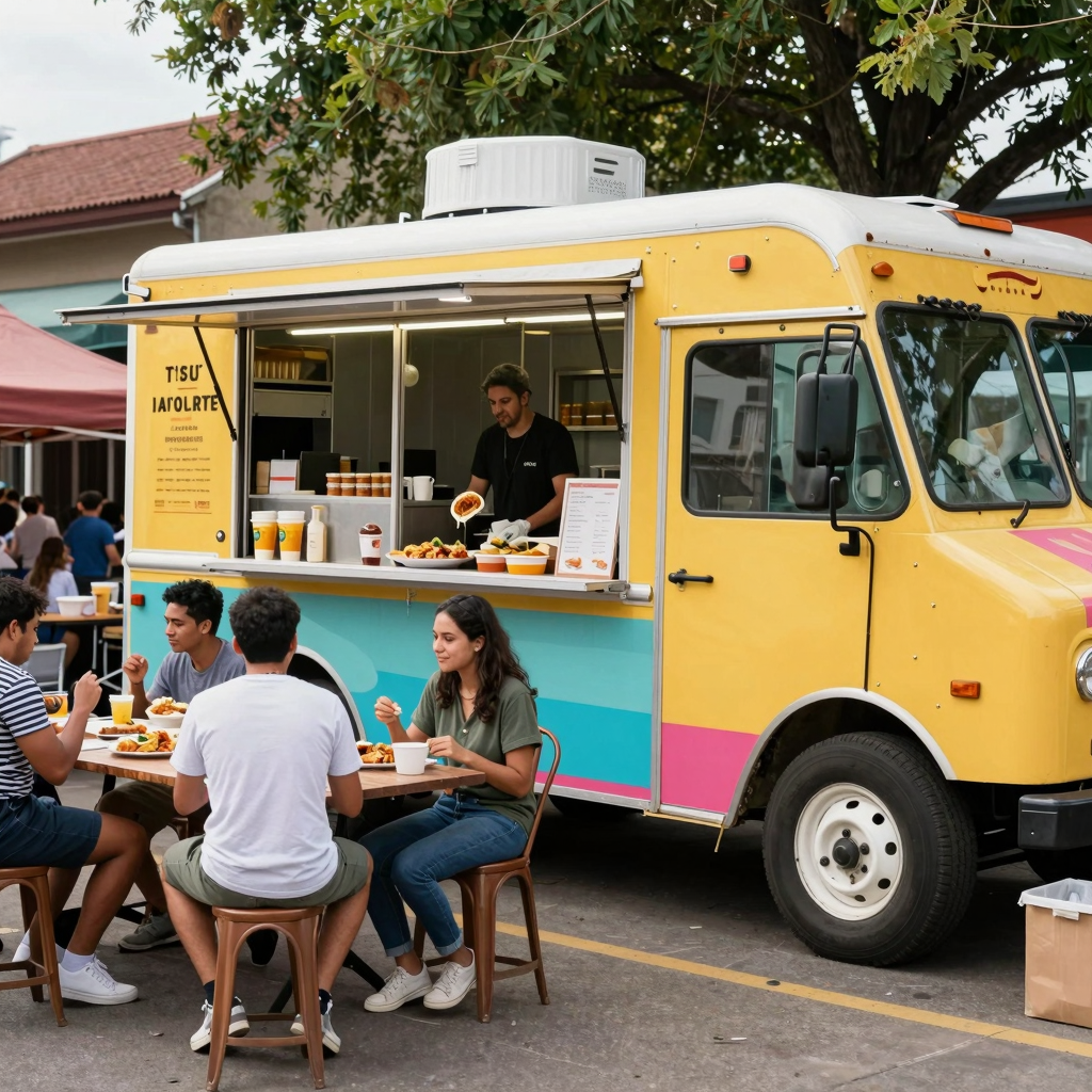 A vibrant food truck setup, showcasing a colorful food truck parked in a lively street market, evoking excitement and entrepreneurship with people enjoying various delicious street foods.