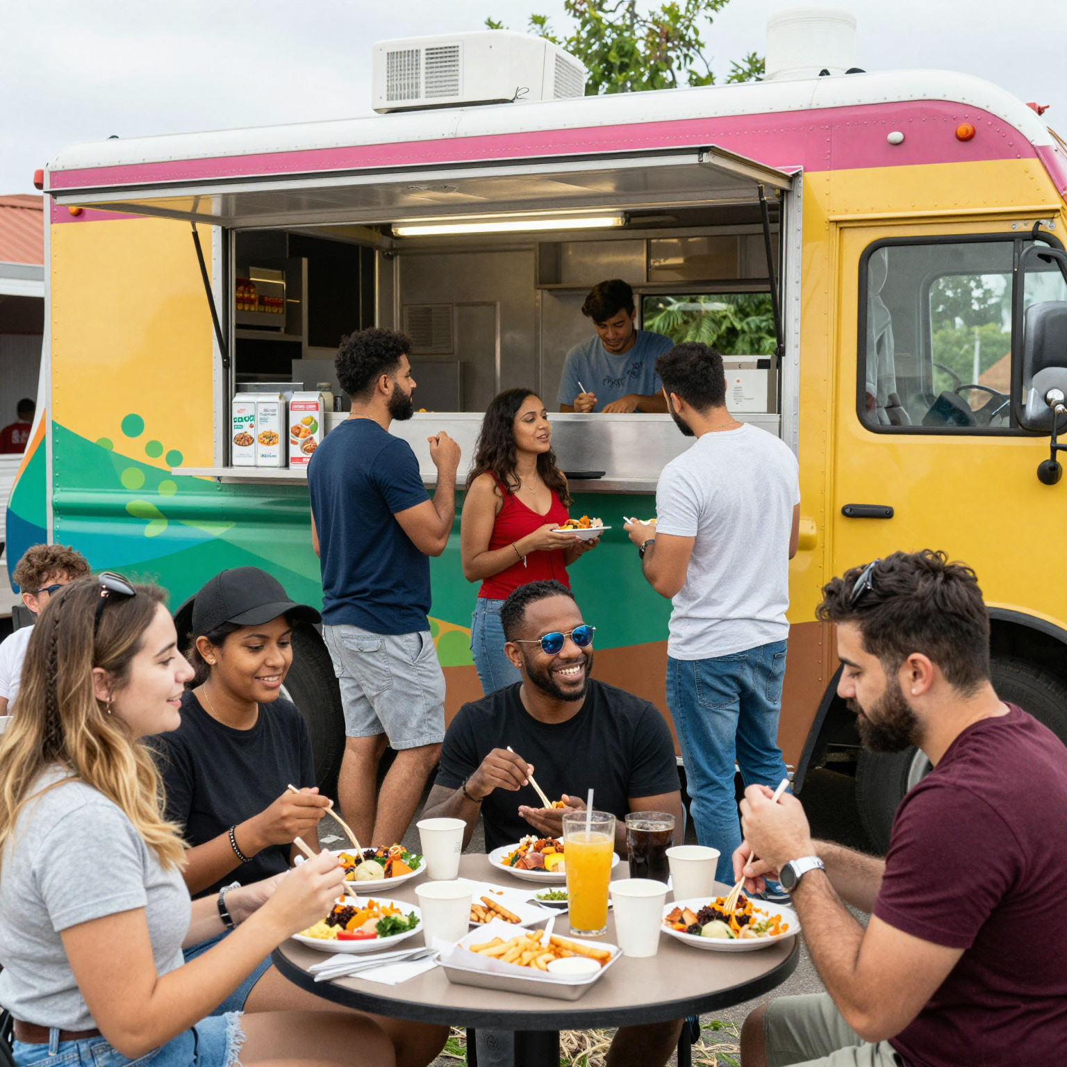 A vibrant scene of a busy food truck surrounded by happy customers enjoying their meals and socializing.