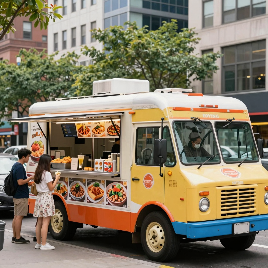 A typical food truck in an urban setting