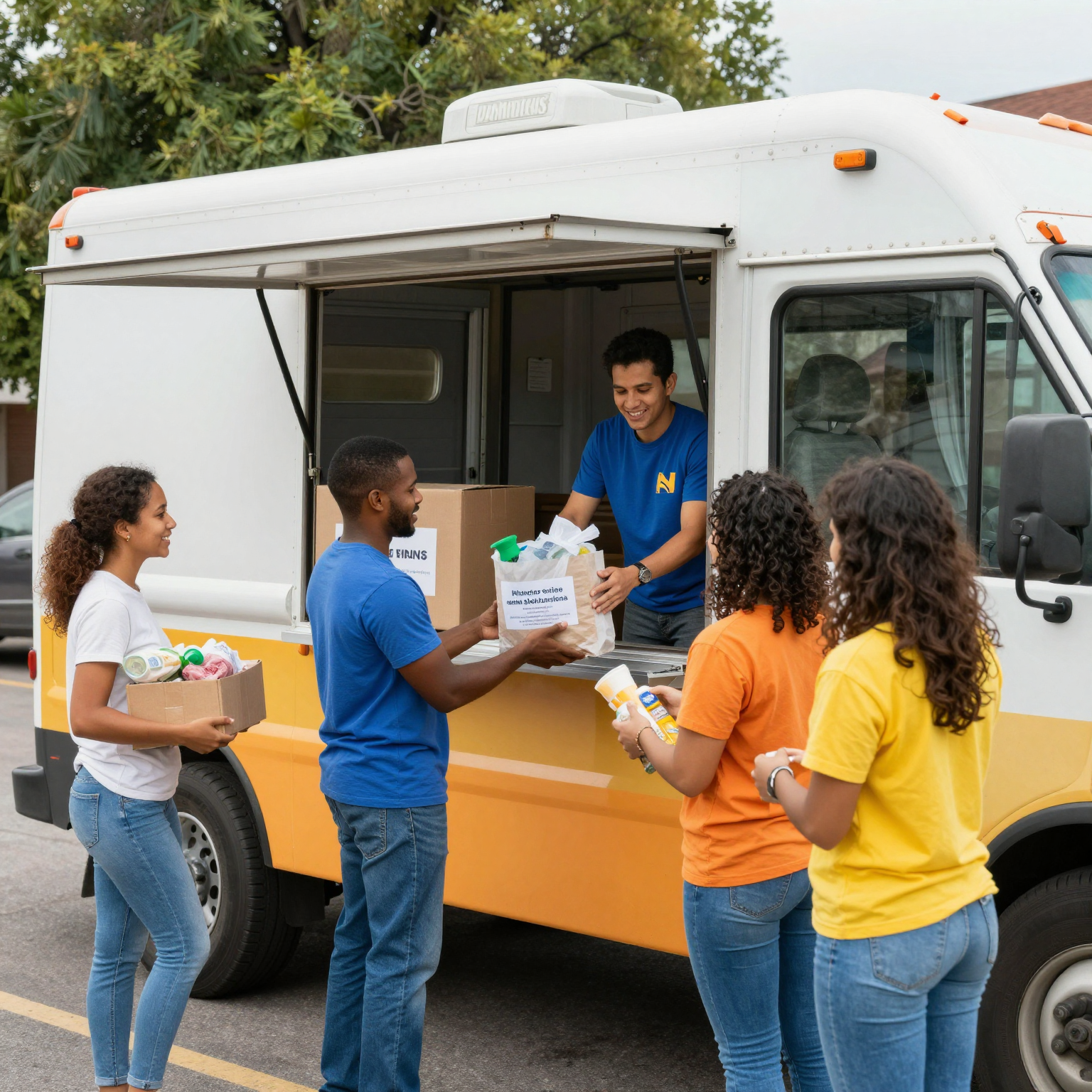 Food donation truck delivering food in a community setting