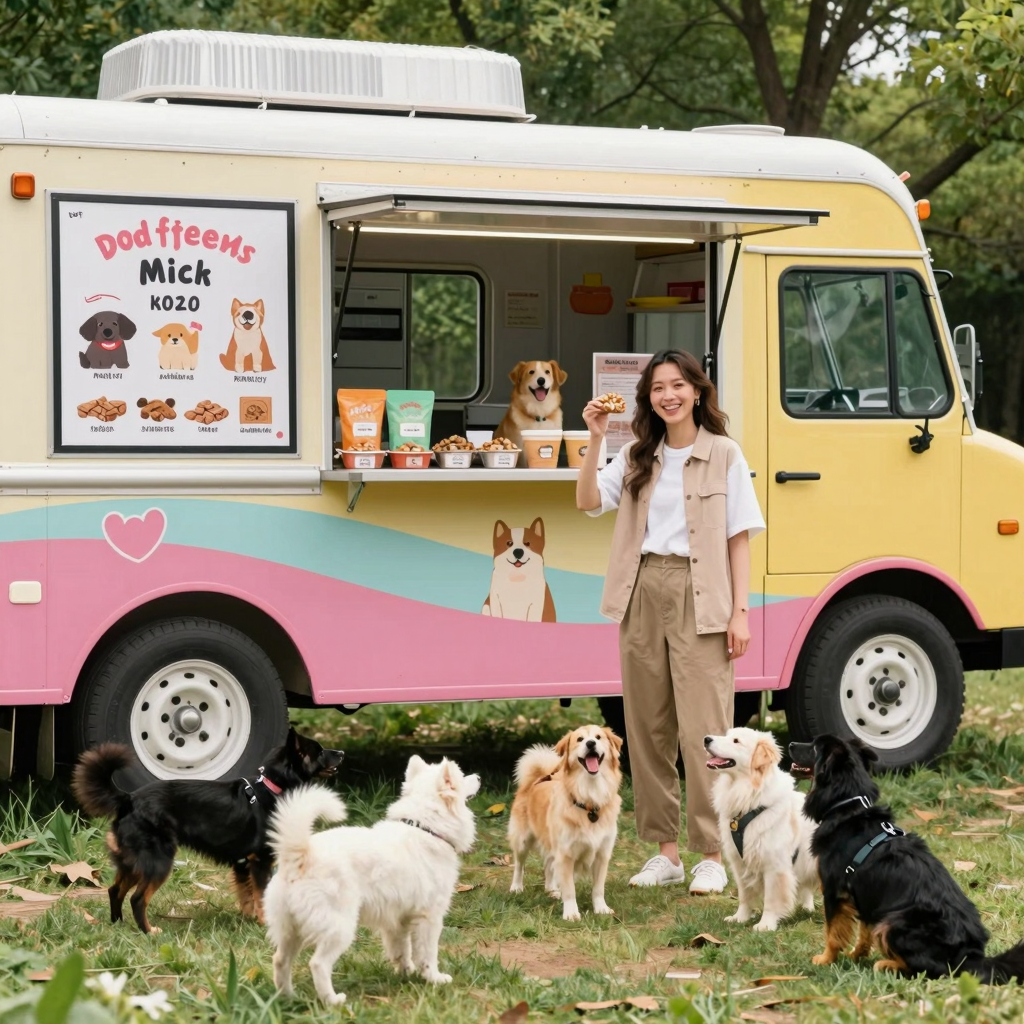 A joyful dog owner standing next to a vibrant food truck serving dog food