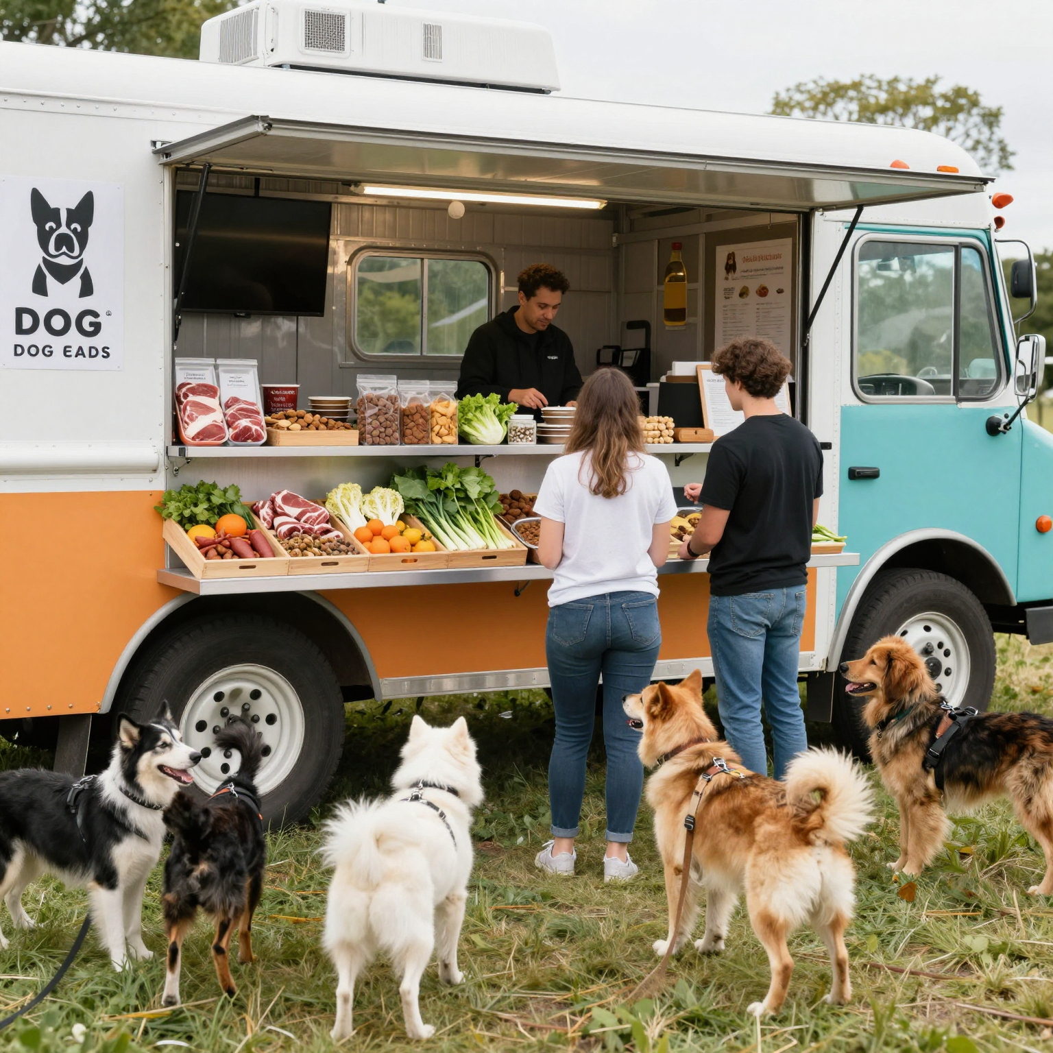 A vibrant dog food truck serving various dog breeds with fresh ingredients