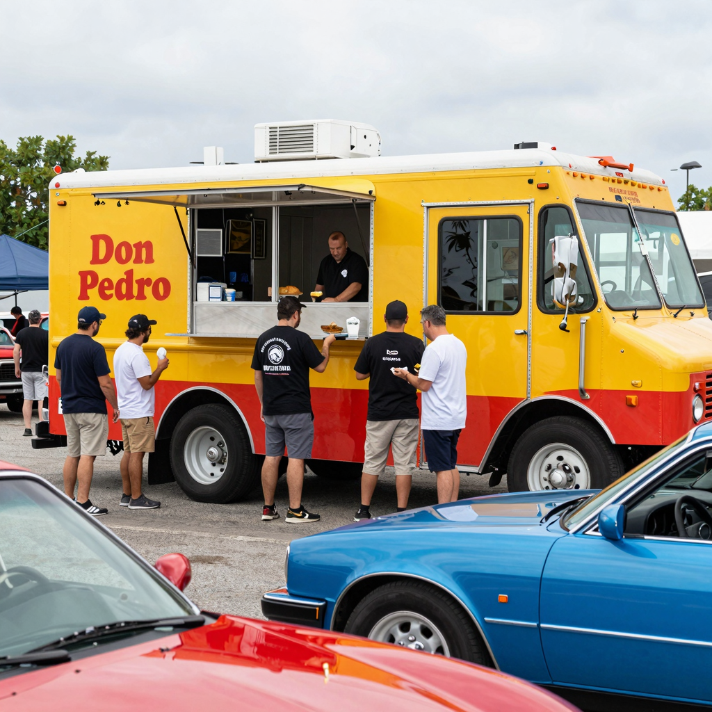 Don Pedro Food Truck at a car event showcasing its vibrant design and community atmosphere