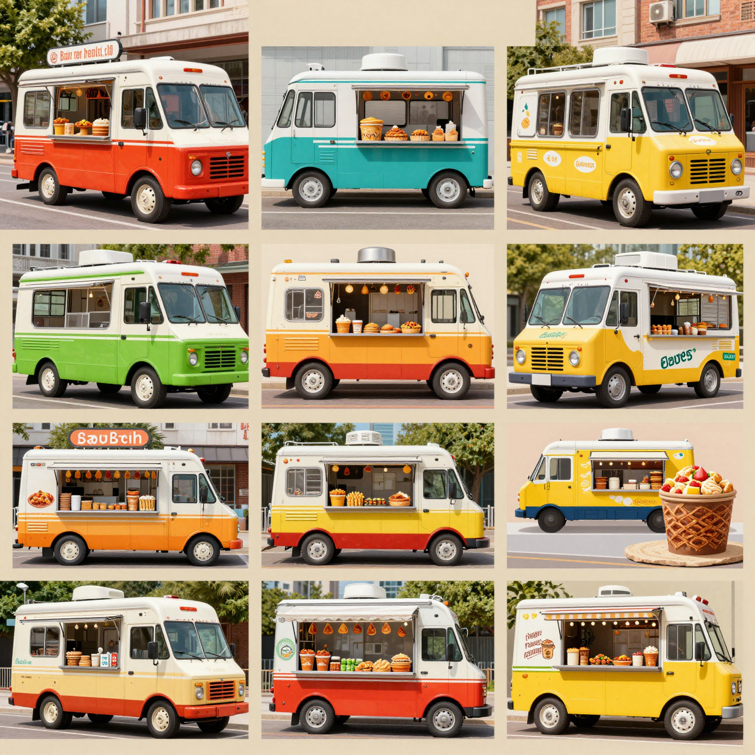 A vibrant and colorful collage of different food truck designs, showcasing a variety of styles and cuisines.