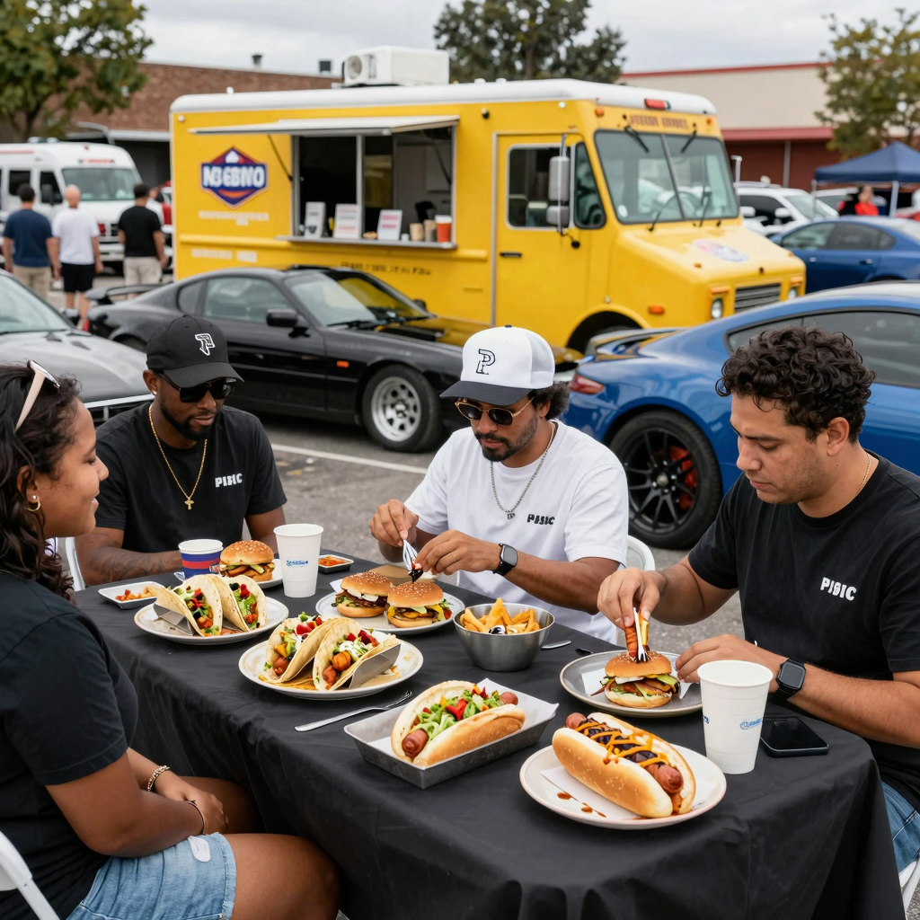 A vibrant food truck scene at a car meet