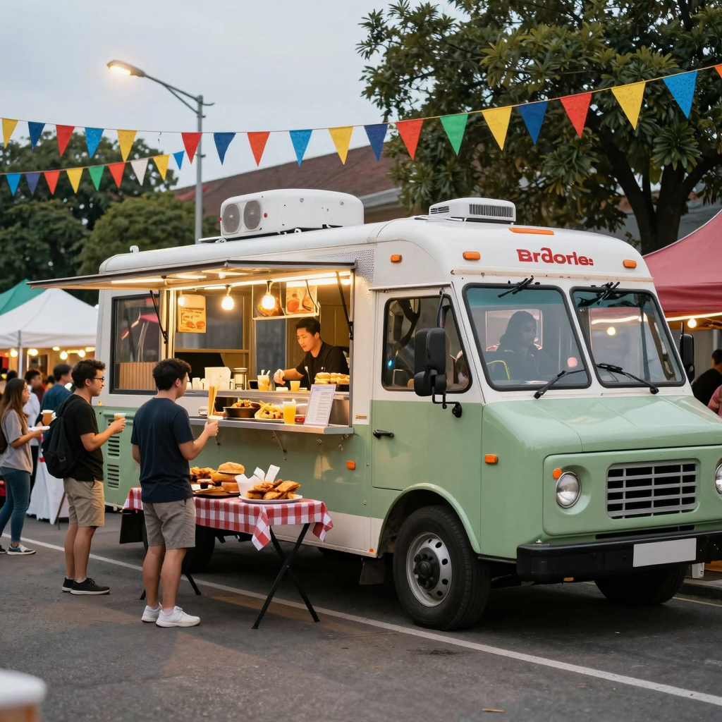 A vibrant street food festival scene featuring a lively food truck. The image showcases customers enjoying diverse food options in a festive atmosphere.