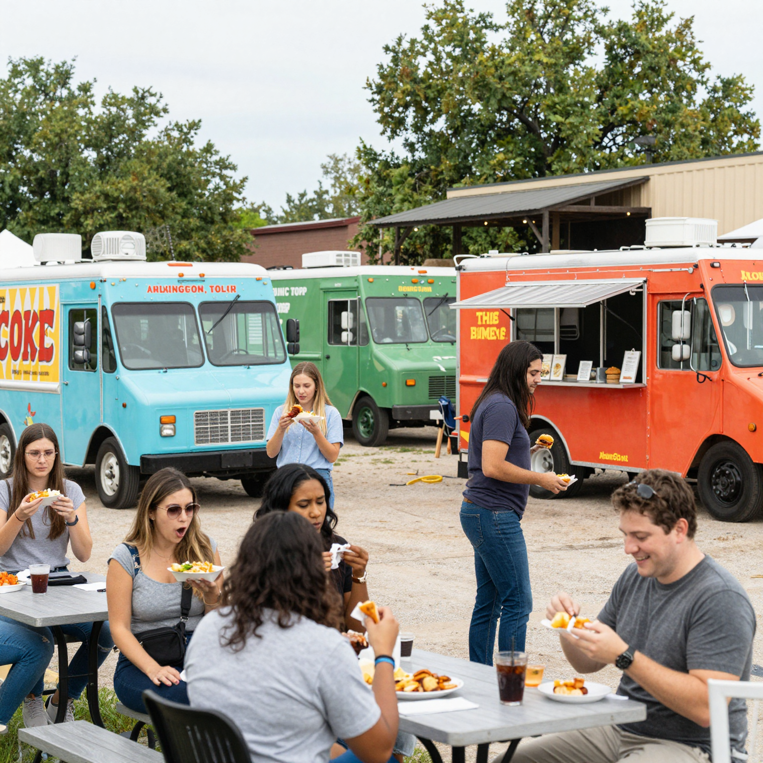 A vibrant food truck park scene in Arlington, Texas, bustling with people enjoying their meals