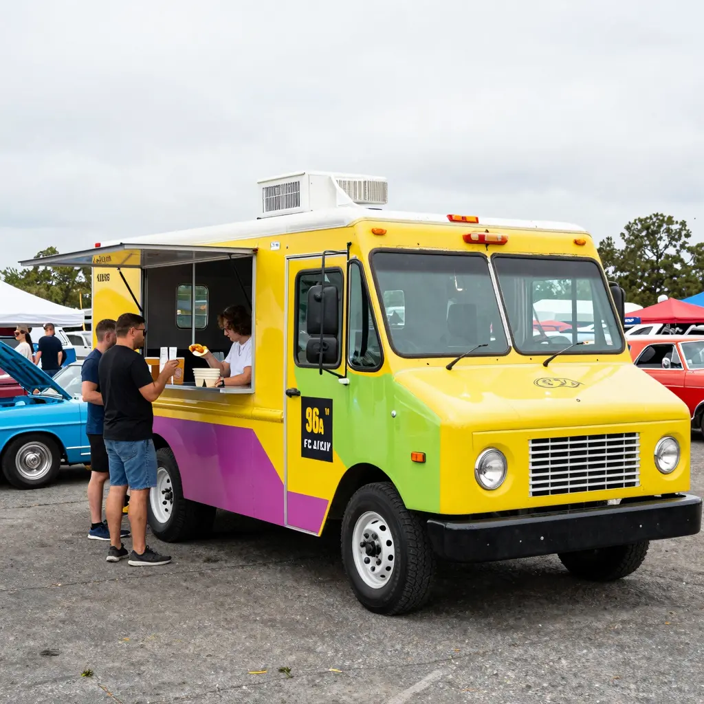 A vibrant food truck at a car show