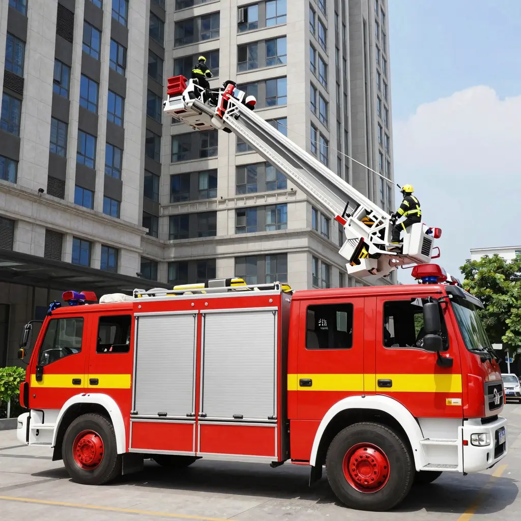 Aerial fire truck showcasing dimensions and capabilities