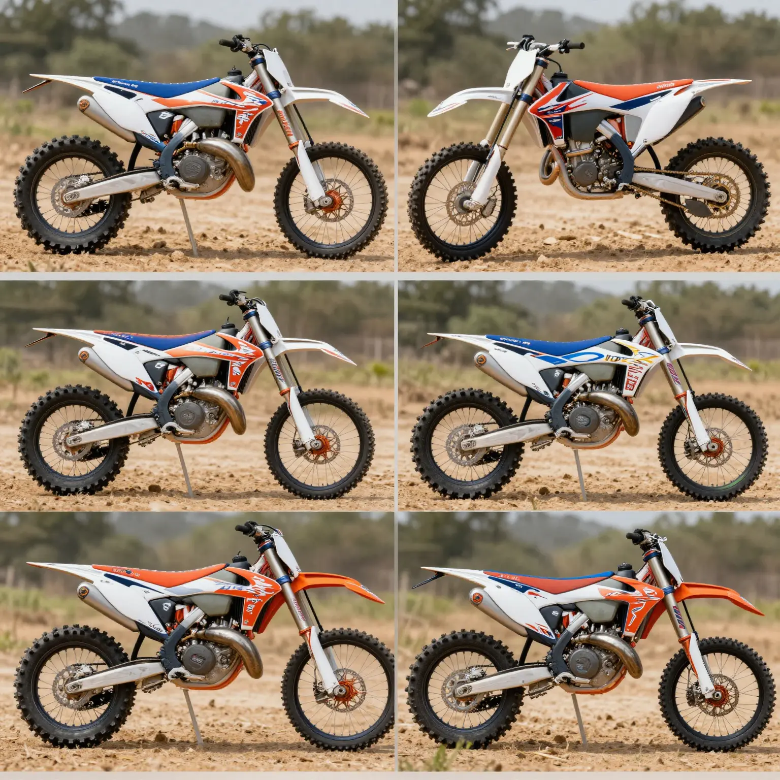 A collage of different dirt bike plastic kits displayed on various dirt bikes, showcasing different styles, colors, and bike models, in an off-road setting.