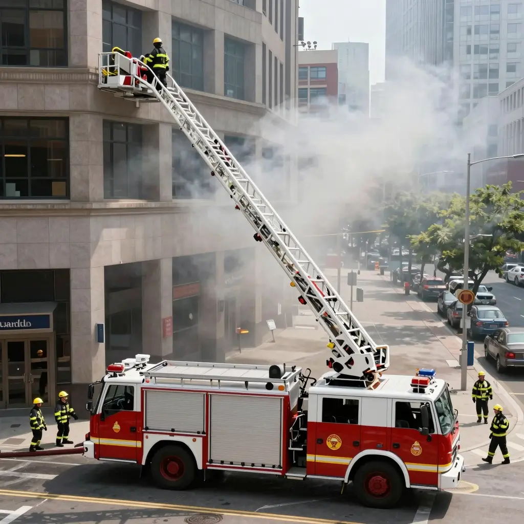 Aerial ladder fire truck in action