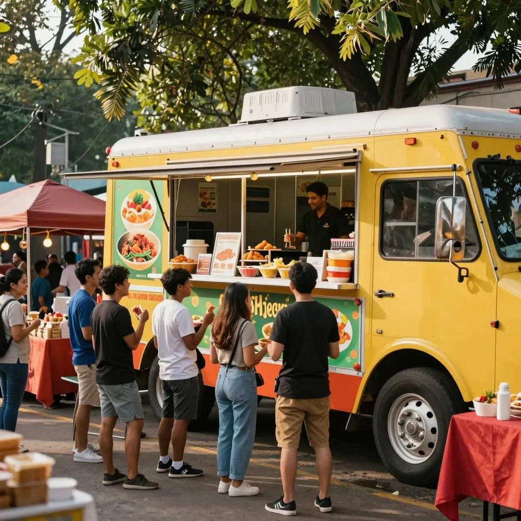 A vibrant food truck parked in a bustling market setting, surrounded by colorful stalls and happy customers.