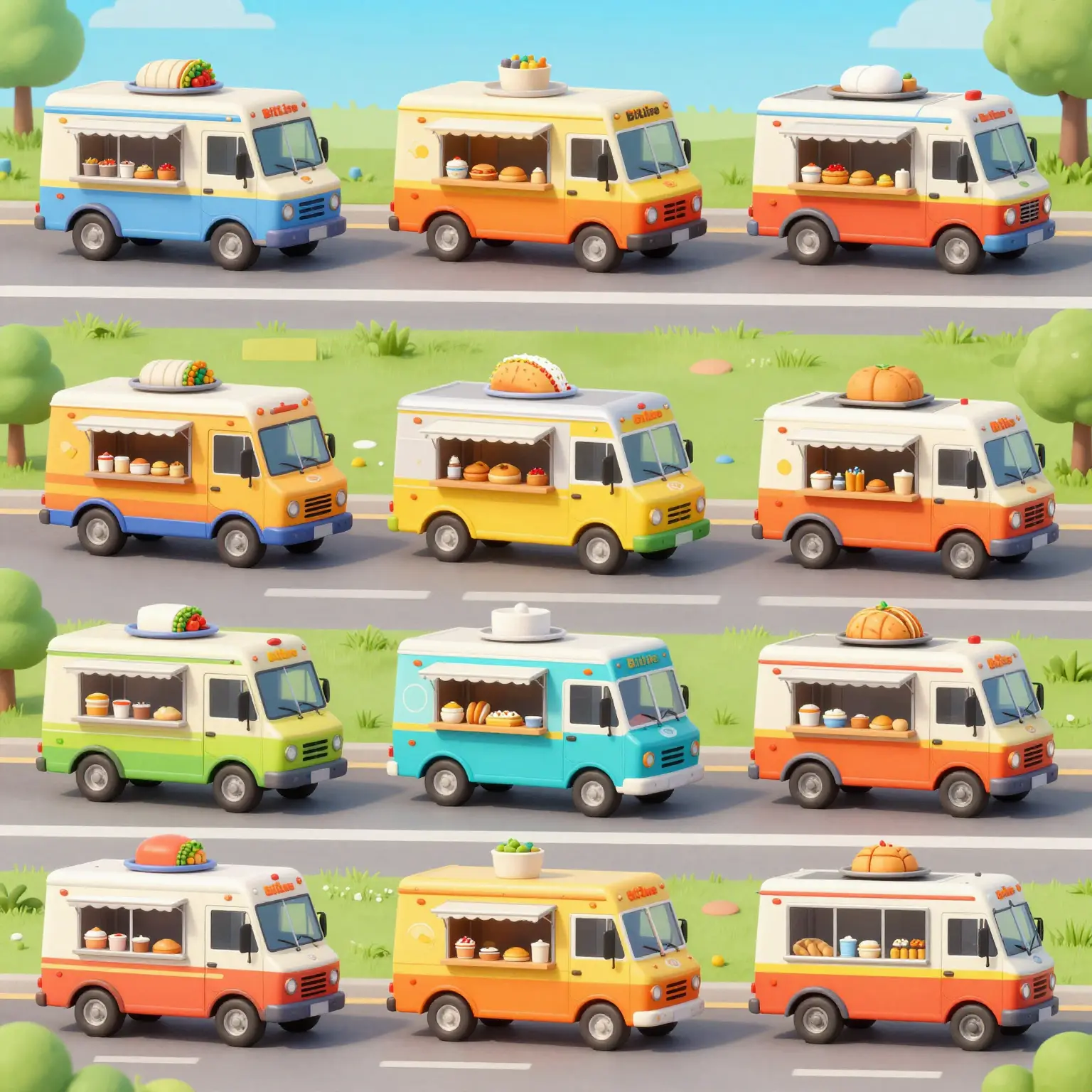 Variety of food trucks showcasing unique designs and styles in BitLife
