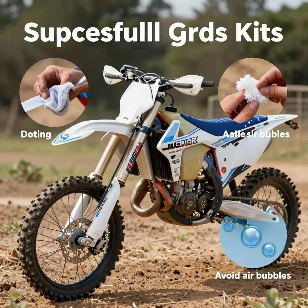 Infographic depicting key steps and tips for successfully installing graphics kits on dirt bikes