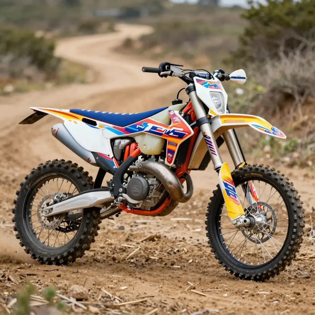 A dirt bike with a vibrant graphics kit installed