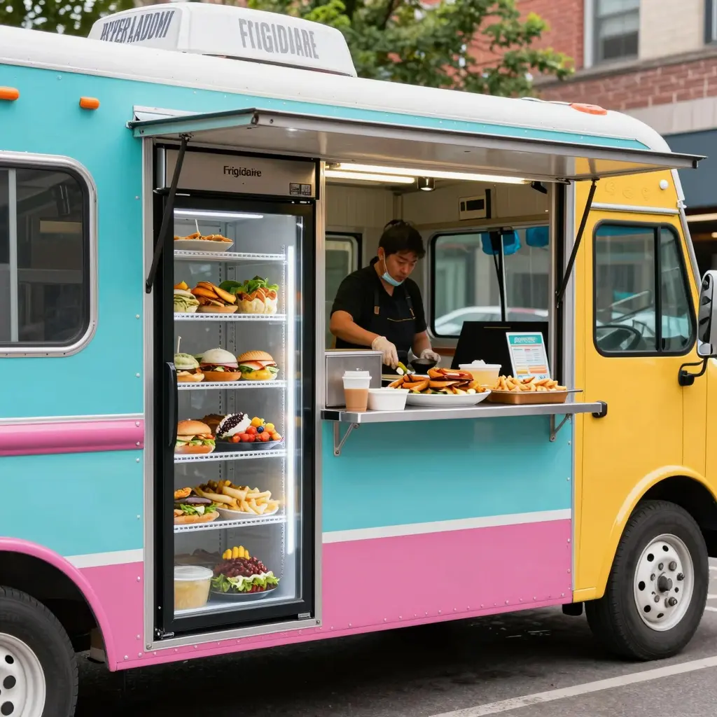 A vibrant and colorful food truck scene featuring a variety of food options being served, with a background showcasing urban life. Emphasize refrigeration equipment like Frigidaire in the design.