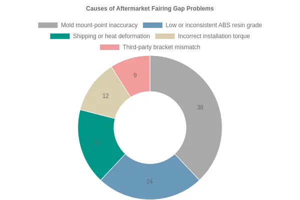 Doughnut chart showing the estimated share of fairing gap problems by cause: mount-point inaccuracy 38%, resin grade 24%, shipping or heat deformation 17%, incorrect torque 12%, bracket mismatch 9%